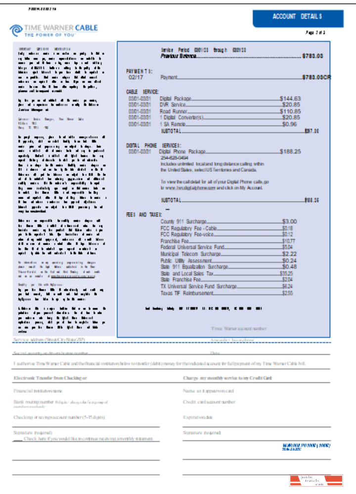 Time Warner Cabel utility business bill,  page 2, SCR PSD template